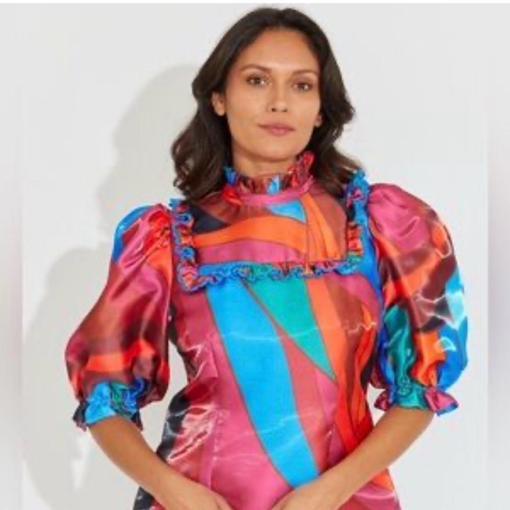 NWT Alden Adair Demi top in PRISM Multicolor Blouse with Ruffle Accents S